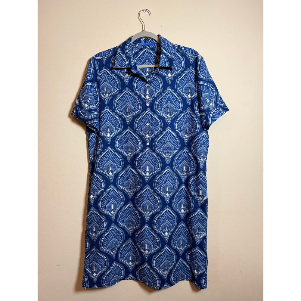 J. McLaughlin Blue White Paisley Linen Cotton Shift Dress Pockets Womens Large